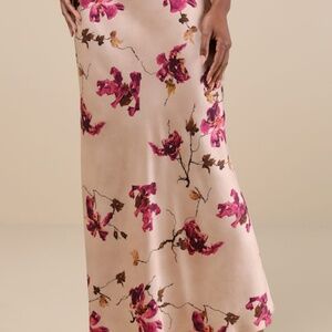 Lulus Captivating Element Mauve Pink Floral Print Satin Maxi Skirt - Size XL
